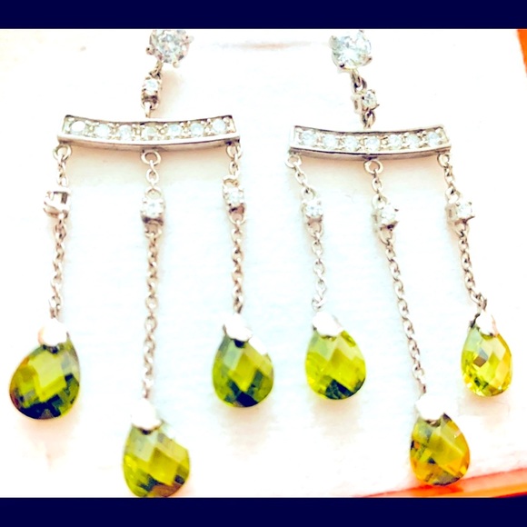 Sterling silver dangle ear rings light green gem stones zircon stones - Picture 3 of 5